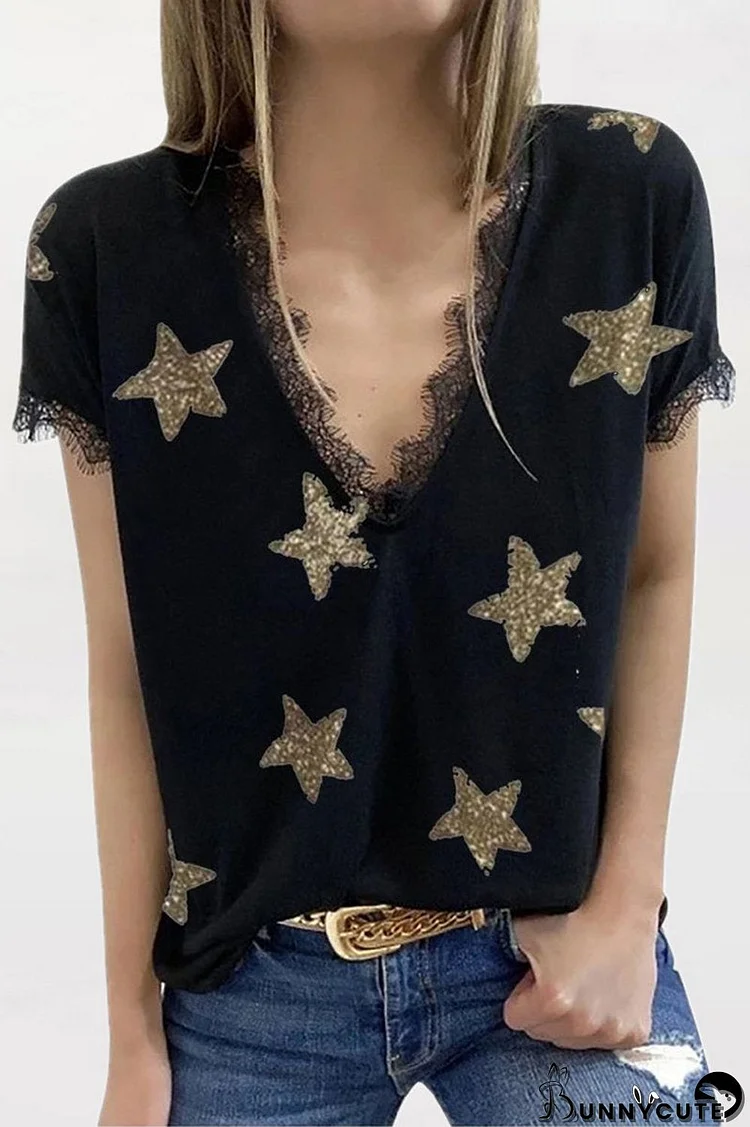 Star Print Lace V-Neck T-Shirt