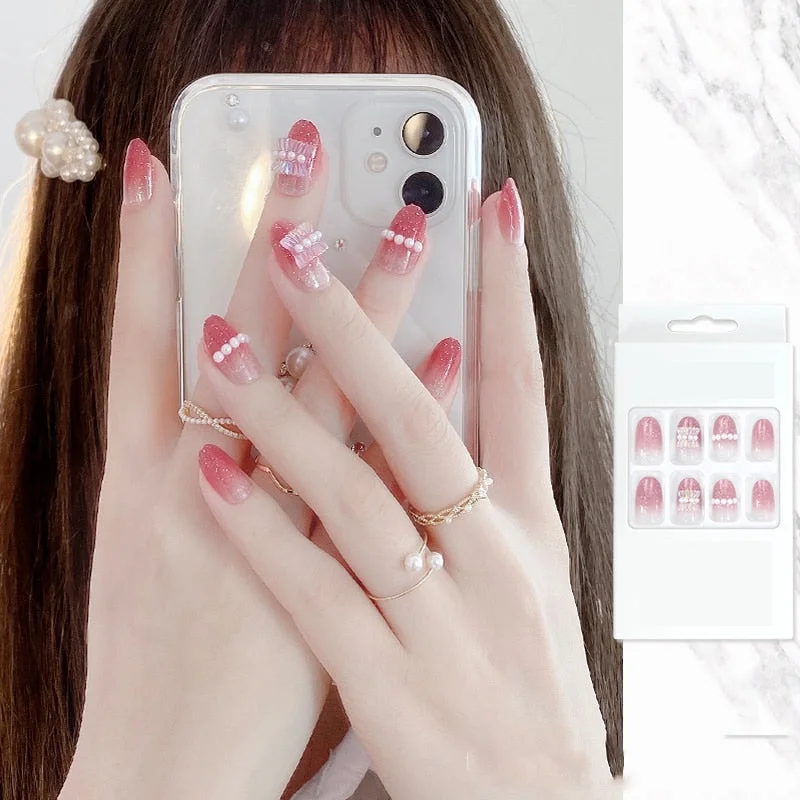 false nails with designs acrylic for nail Imitation Pearl Lace Bowknot press on nails Charming Pre Design fake nails with glue-Nail Inspo