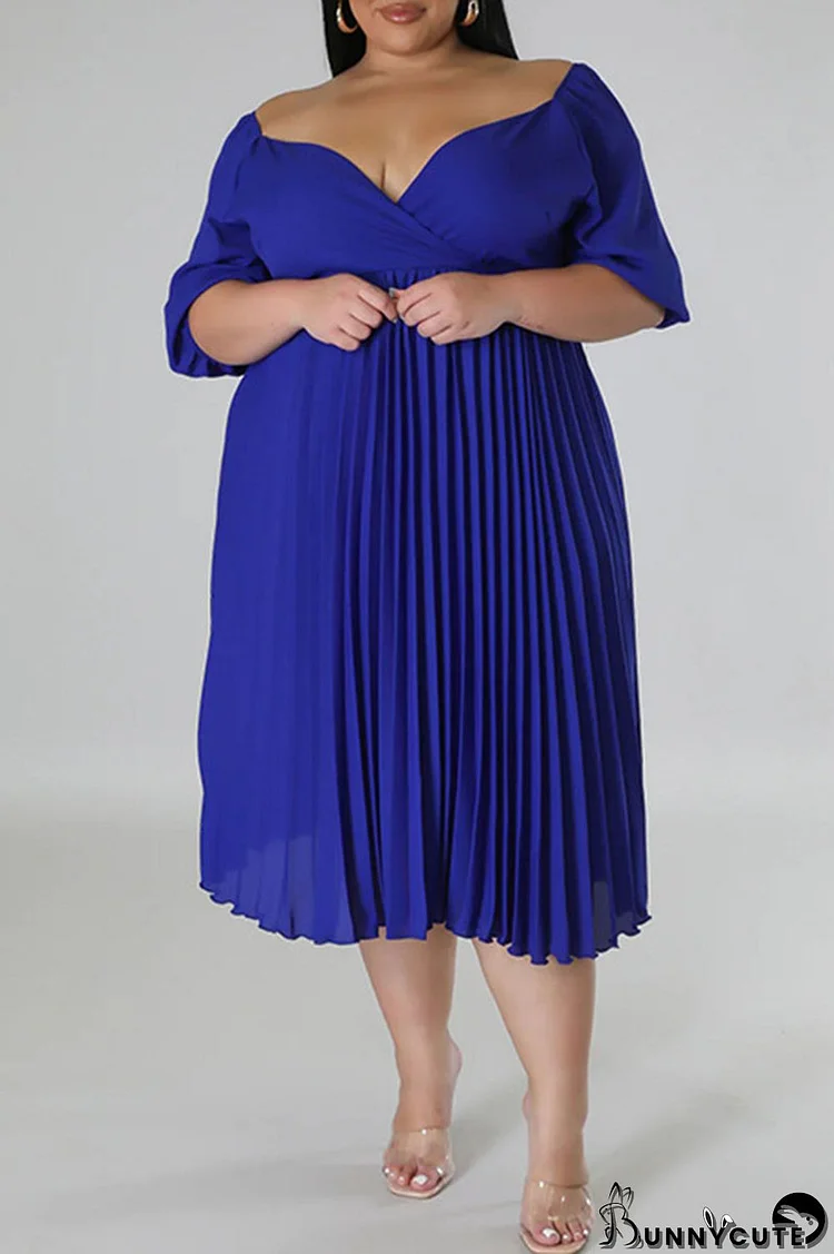 Blue Casual Solid Patchwork Fold V Neck Straight Plus Size Dresses