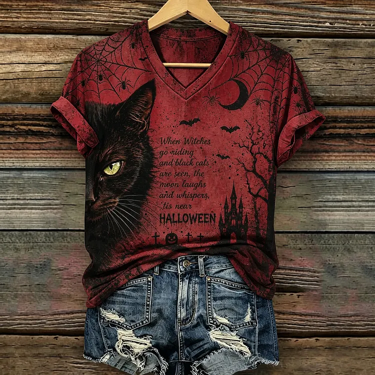 Women's Retro Halloween Style Cotton Linen T-shirt With Cat, Spider, And Bat Prints
