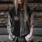 Halloween Spiderweb Stitched Colorblock Patchwork Washed Hoodie - Image 2