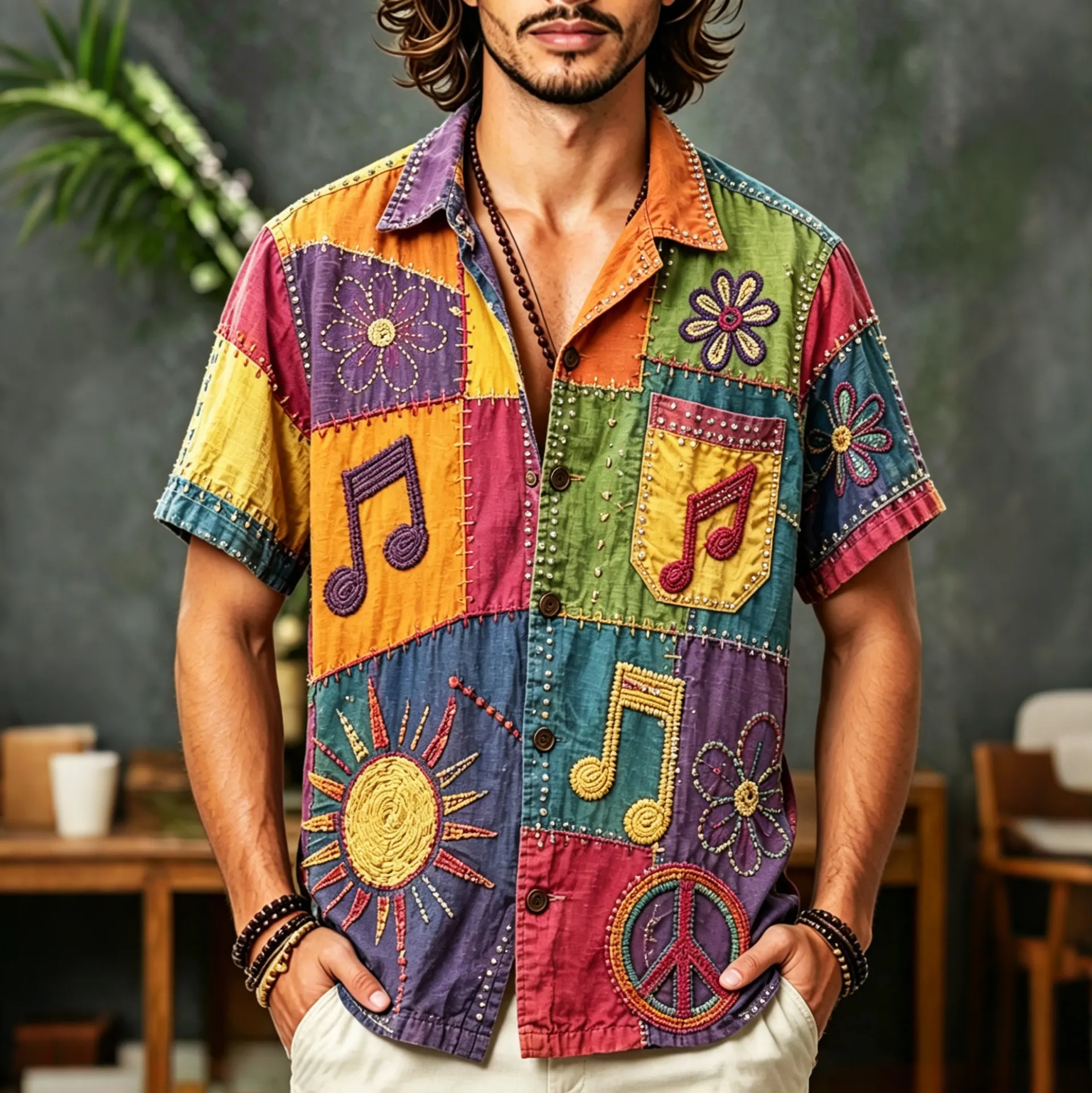 Comstylish Men's Patchwork Floral Musical Design Short-sleeved Linen Shirt