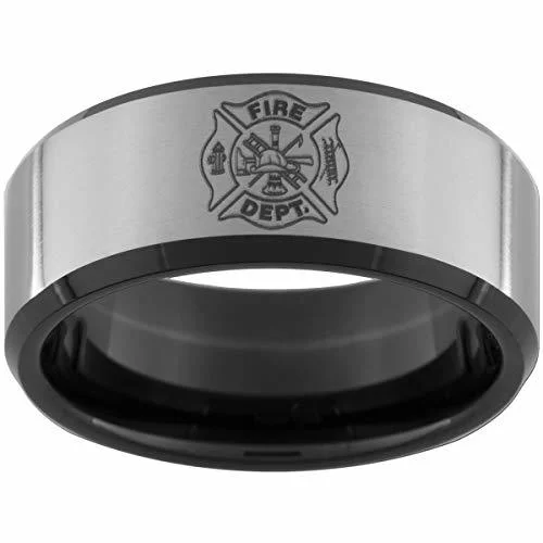 Women's Or Men's Fire Dept. Logo Ring - Firefighter / Fireman / Tungsten Carbide Wedding Band Rings,Duo Tone Black and Silver with Laser Etched Logo Ring With Mens And Womens For Width 4MM 6MM 8MM 10MM