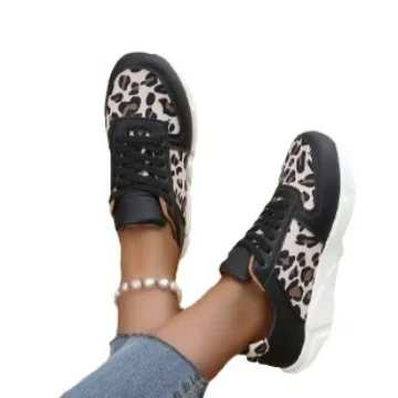 Yyvonne Splicing Lace Single-Shoe Women 2025 New Thick-Soled Round Head Low Leopard-Print Sports Casual Shoes Women