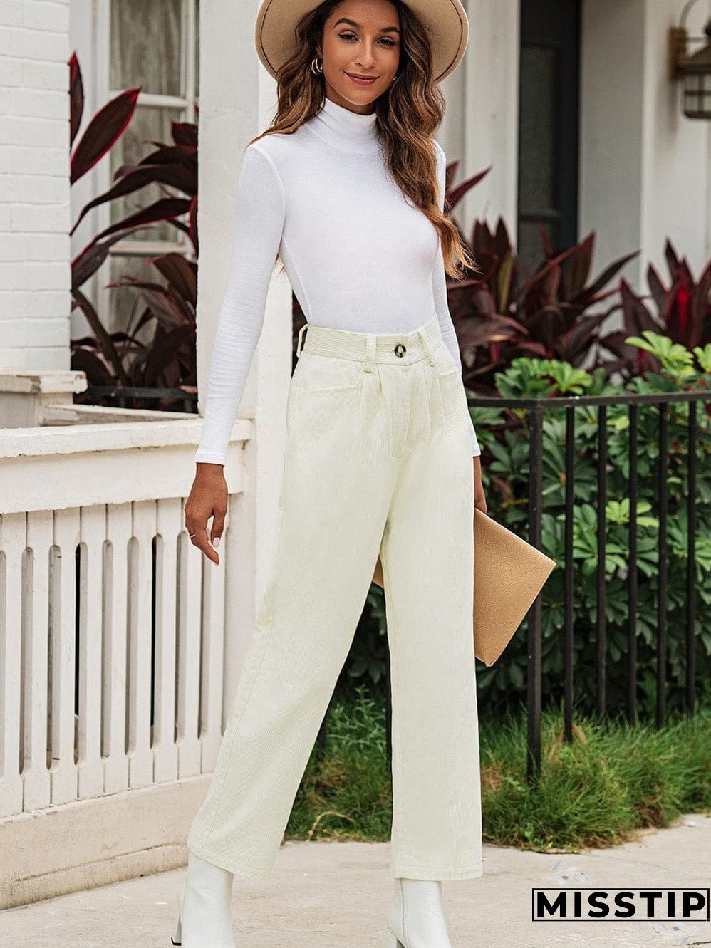 Beige Corduroy High Waist Trousers for Winter Casual Wear