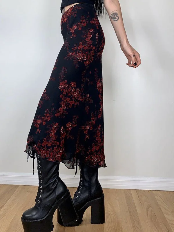 Brownm midi skirt with mesh inserts and floral pattern