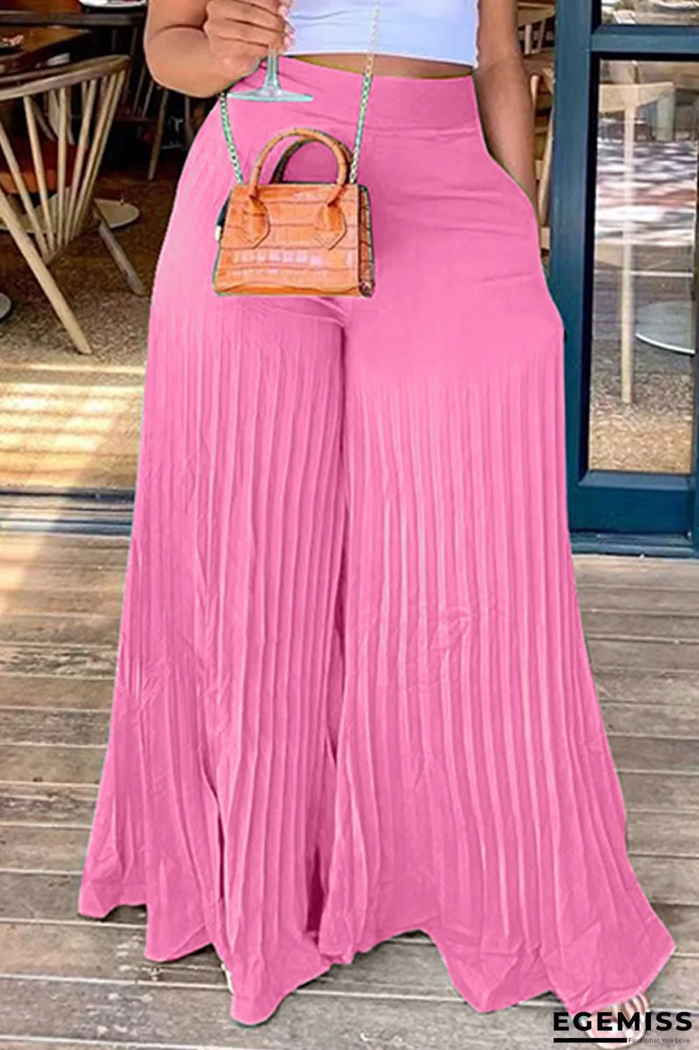 Pink Fashion Casual Solid Fold Regular High Waist Wide Leg Trousers | EGEMISS