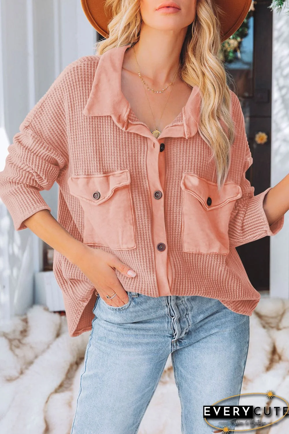 Pink Chest Flap Pockets Waffle Knit Shacket