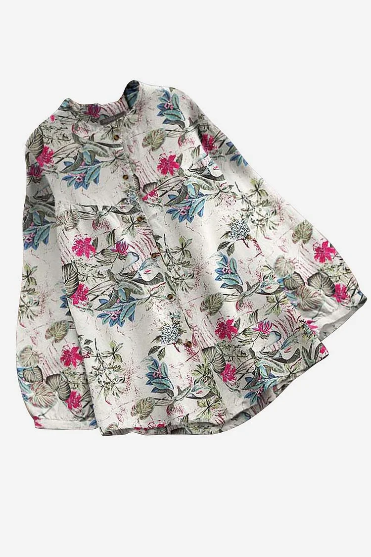 Boho Long Puffy Sleeve Round Neck Floral Print Button Linen Casual Top