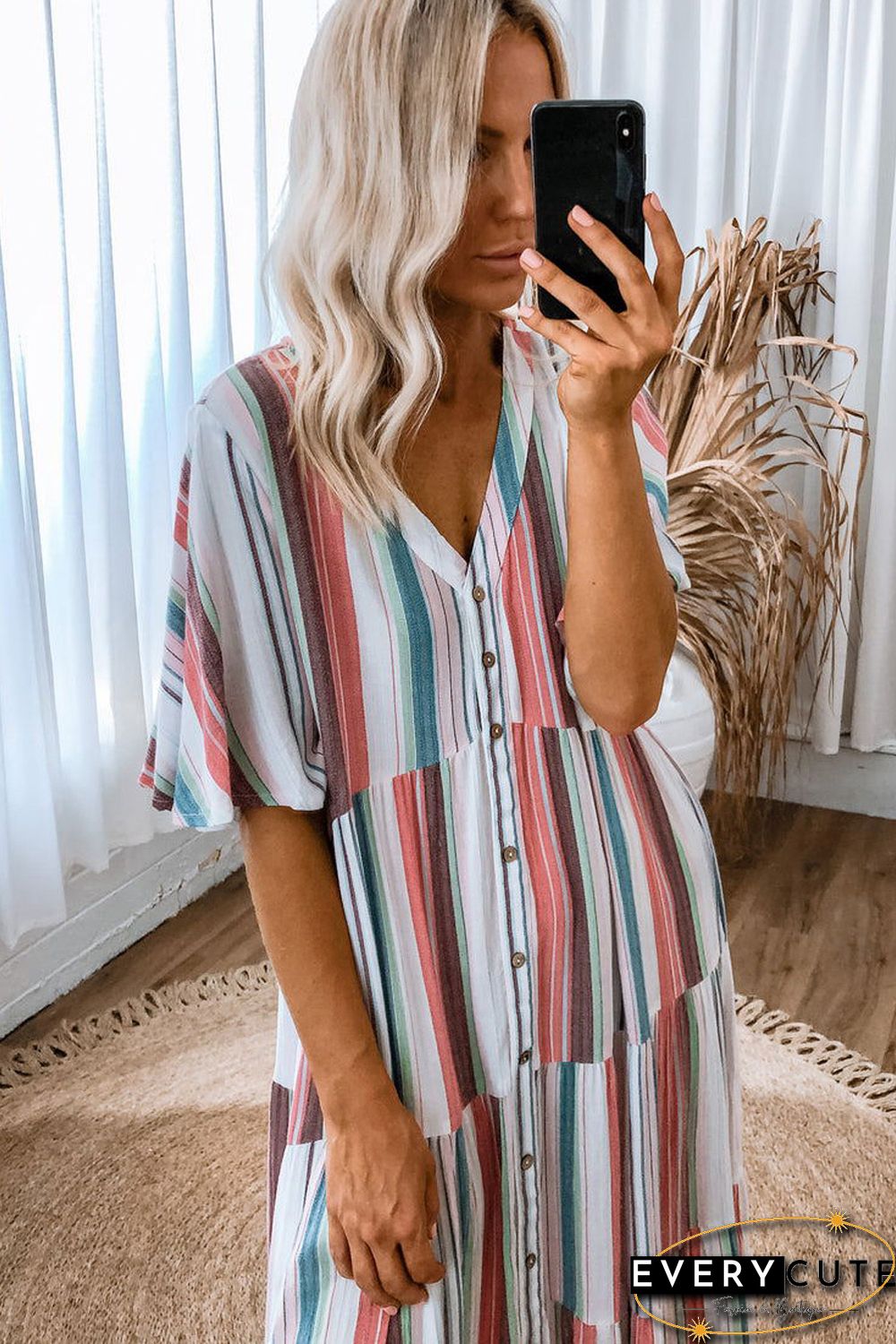 Serape Striped V Neck Buttoned Shirt Dress