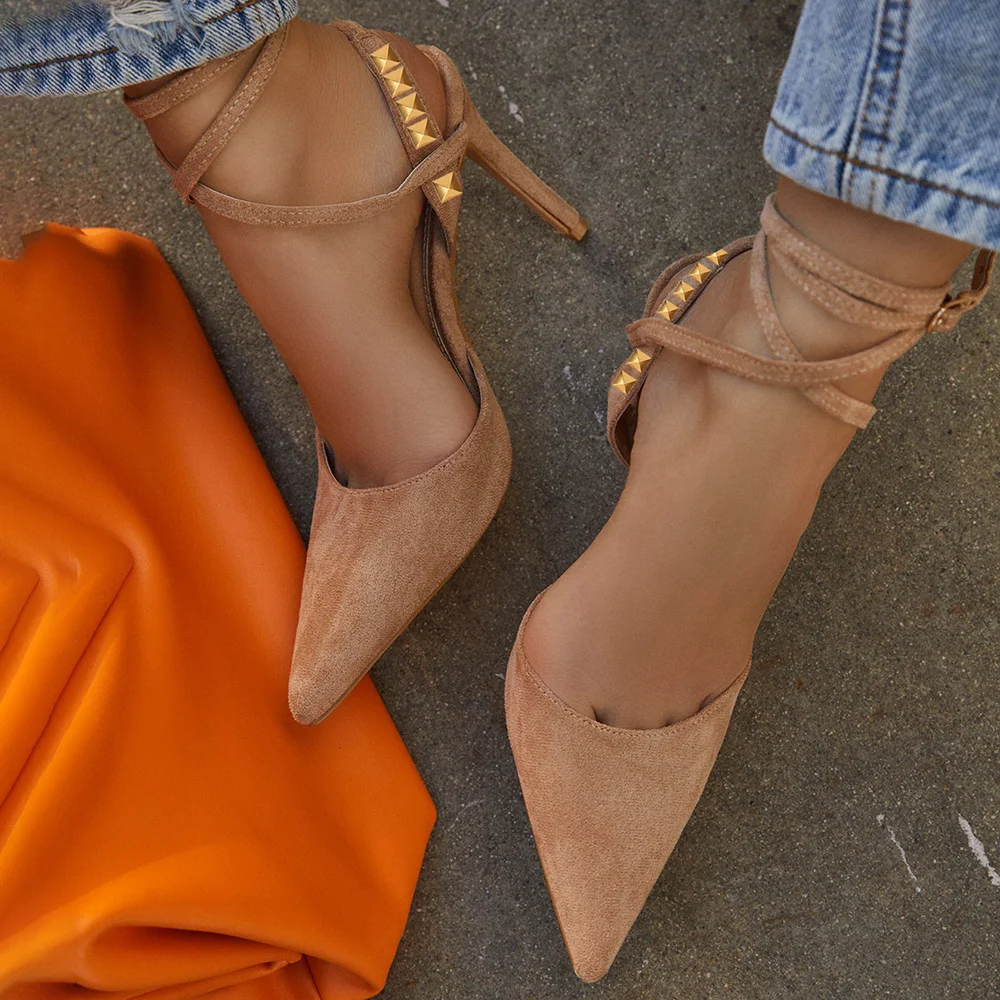 Nude Pointed Toe Slingback Pumps Golden Mental Strappy Stiletto Heels Nicepairs