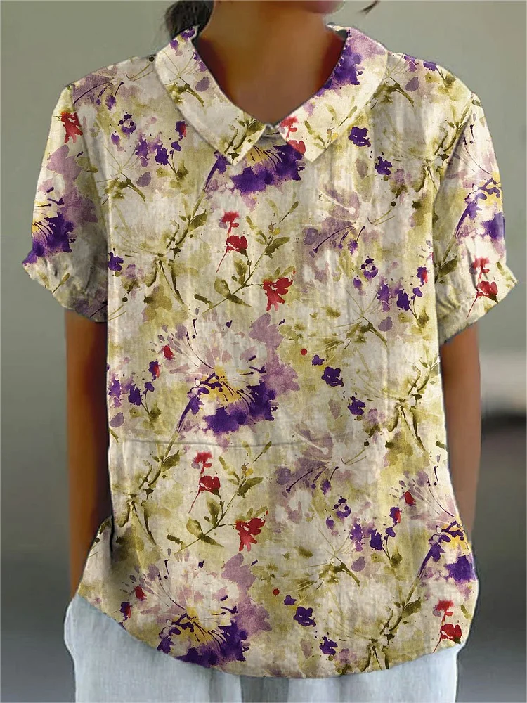 Women's  Flower Print Casual Cotton And Linen Shirt