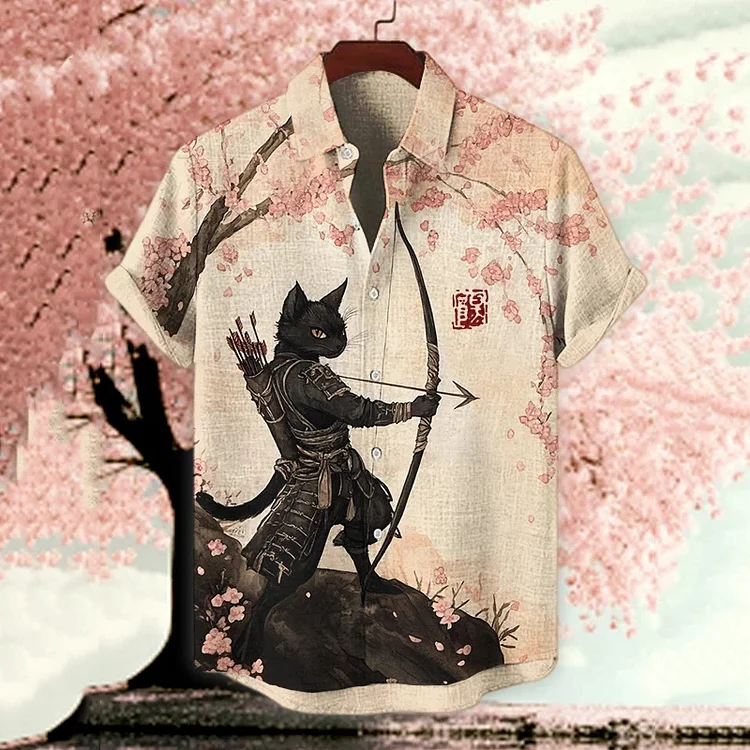 Men's Black Cat Warrior Archery Art Print Casual Shirt