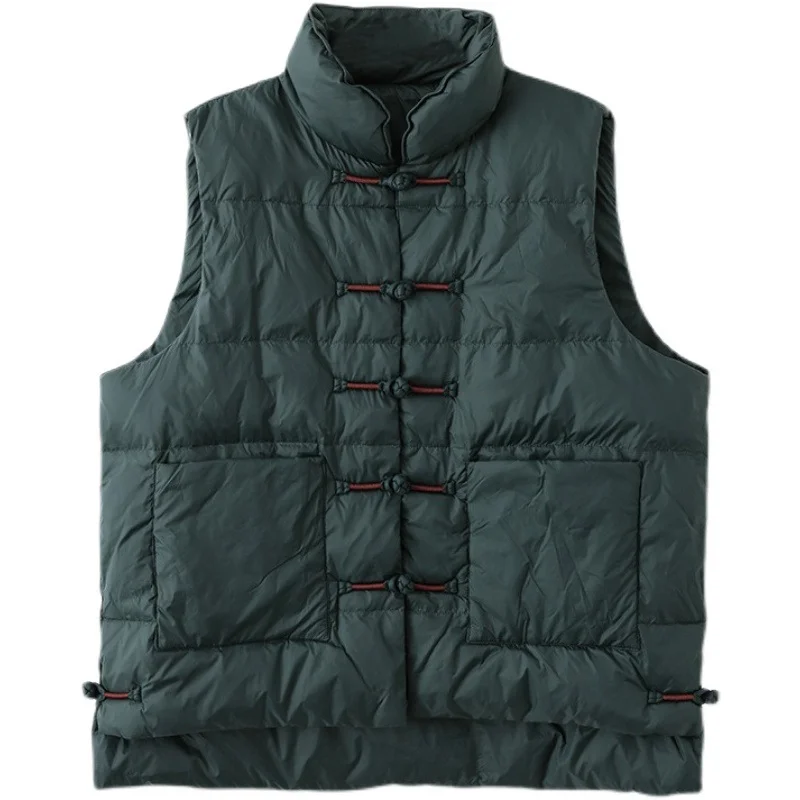 Woherb National Wind Down Vest Female Wear 2024 Winter New Plate Buckle Collar Light Warm White Duck Velvet Vest Coat-Outfit Ideas