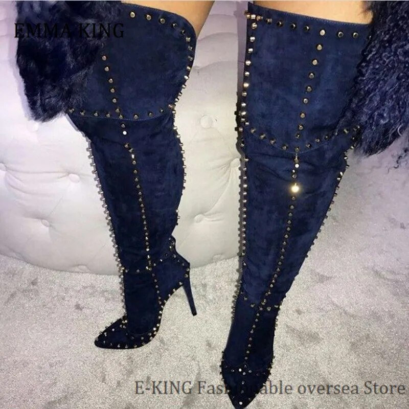 VCSHOES Women Gold Leather Studded Boots Pointed Toe Stiletto Heels Over The Knee Boots Woman Thigh High Boots