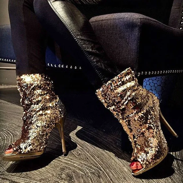 Dark Champagne Sequin Boots Peep Toe Stiletto Heel Party Slouch Boots |FSJ Shoes