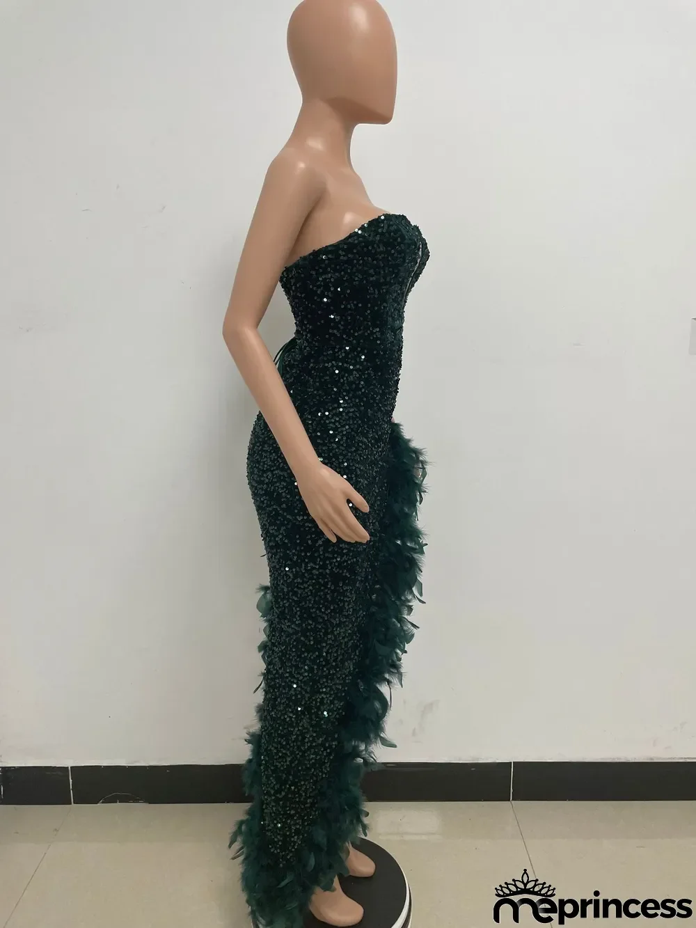 Women Sexy Off Shoulder Backless Sequin Feather Dress