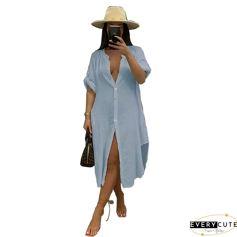 Plain Button Design Long Sleeve Dress