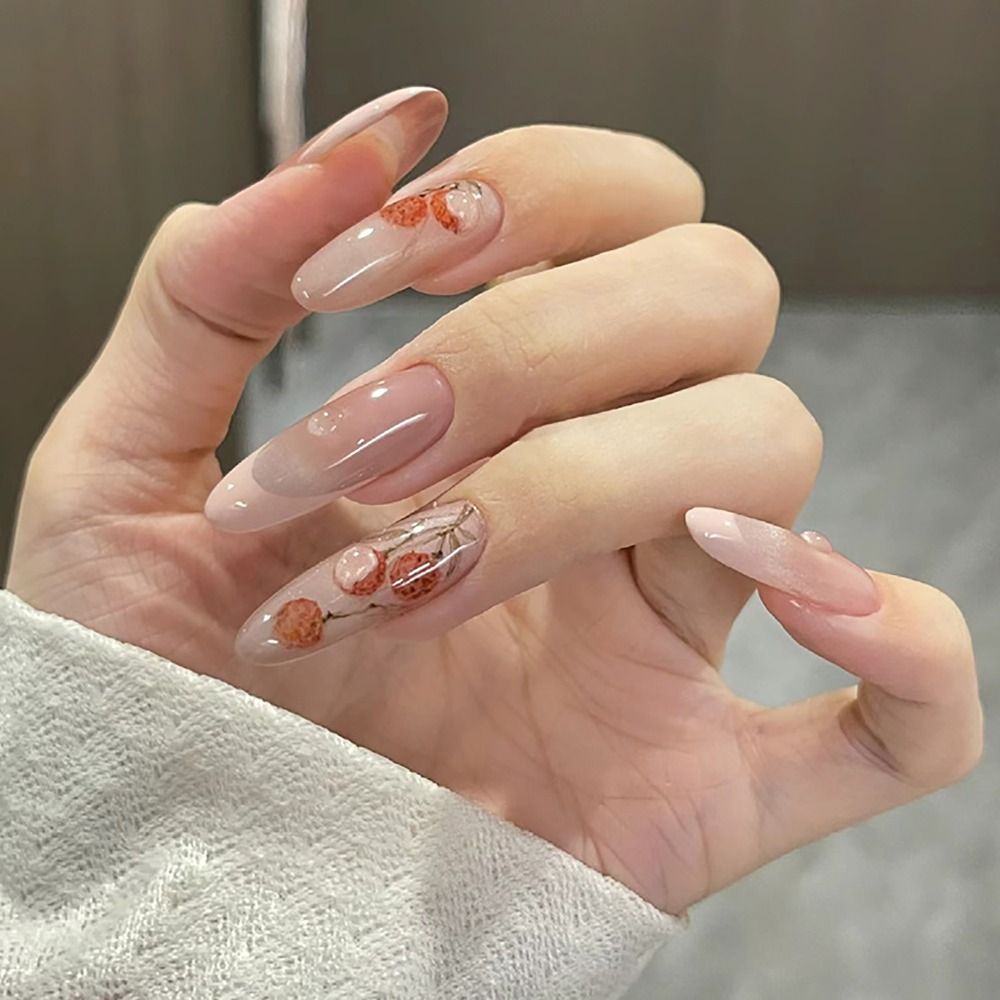 24/30PCS Spice Glitter False Nail Gilt French Flower Smudging Press on Nails Ink Painting Full Cover Fake Nail for Women Girl