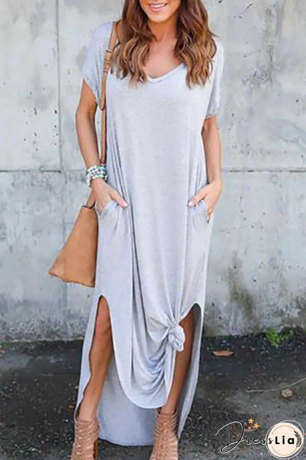 Solid Side Slit Pocket Maxi Dress