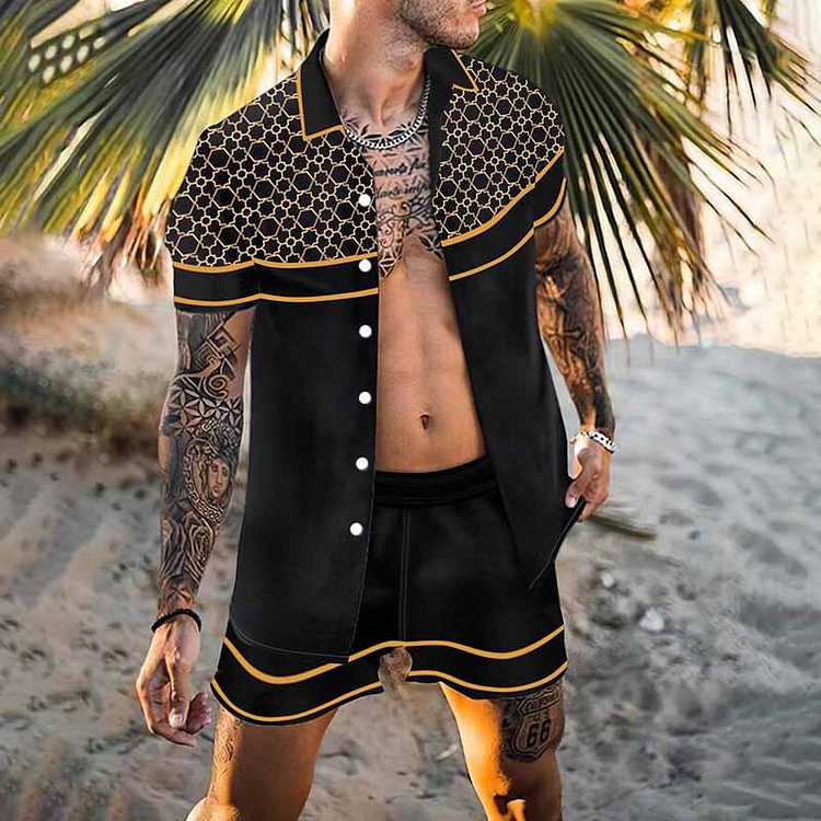 BrosWear Golden Geometric Lines Shirts And Shorts Beach Two Piece Set