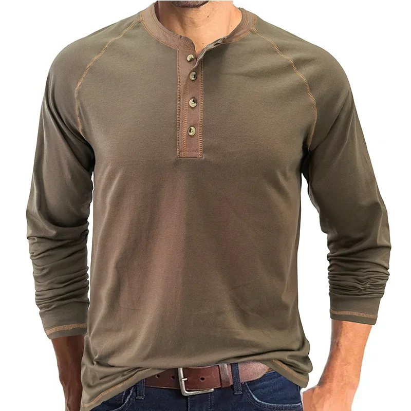 Men's Vintage Long-Sleeved Round Neck Henley Shirt  Tough Men Wear Vintage Color Blue,Wine Red Colors & More