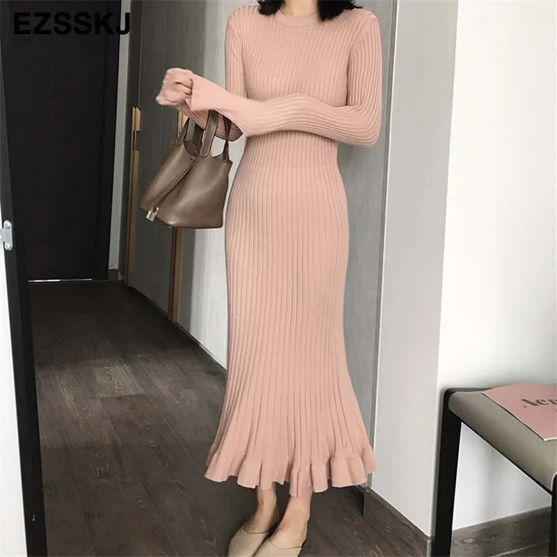 2022 autumn winter thick mermaid maxi sweater dress women o-neck long sweater dress elegant female a-line slim sexy knit dress