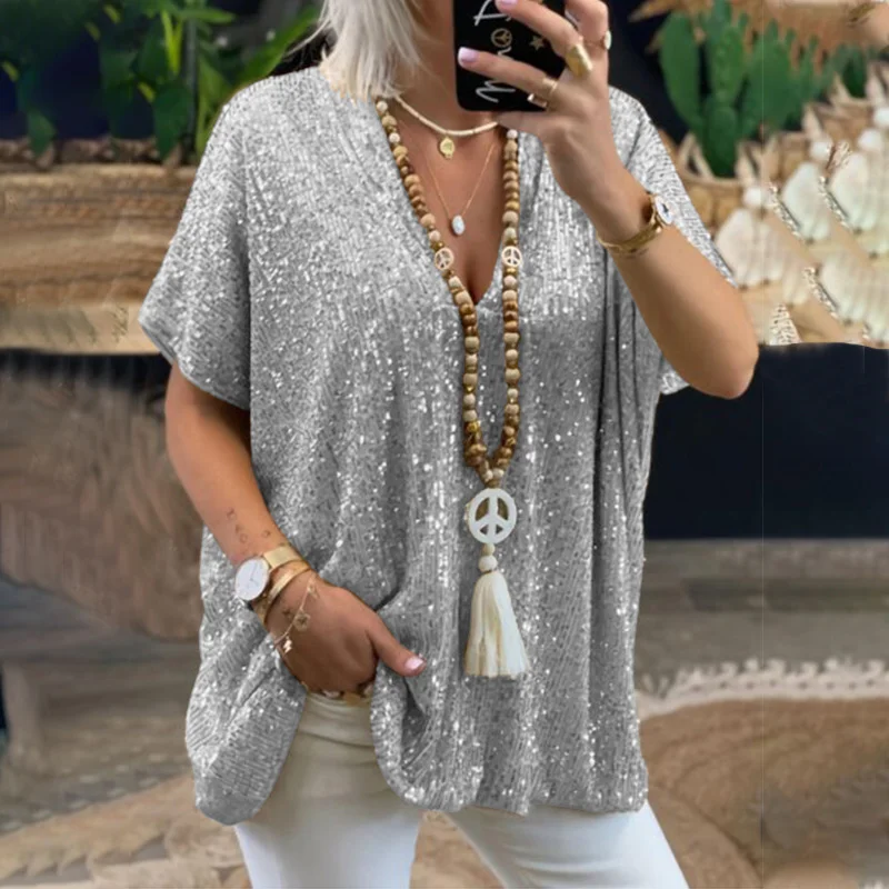 Brownm Brownm New Short-Sleeved Urban Casual Color Loose-Fitting Sleeves V-Neck T-Shirt Top Women's Clothing