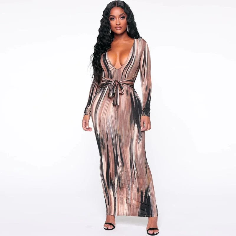 CNYISHE Stripe Tie Dye Printed Women Dress Long Sleeve Sheath With Belt Bandage Dresses Women Streetwear Long Dress Vestido Robe