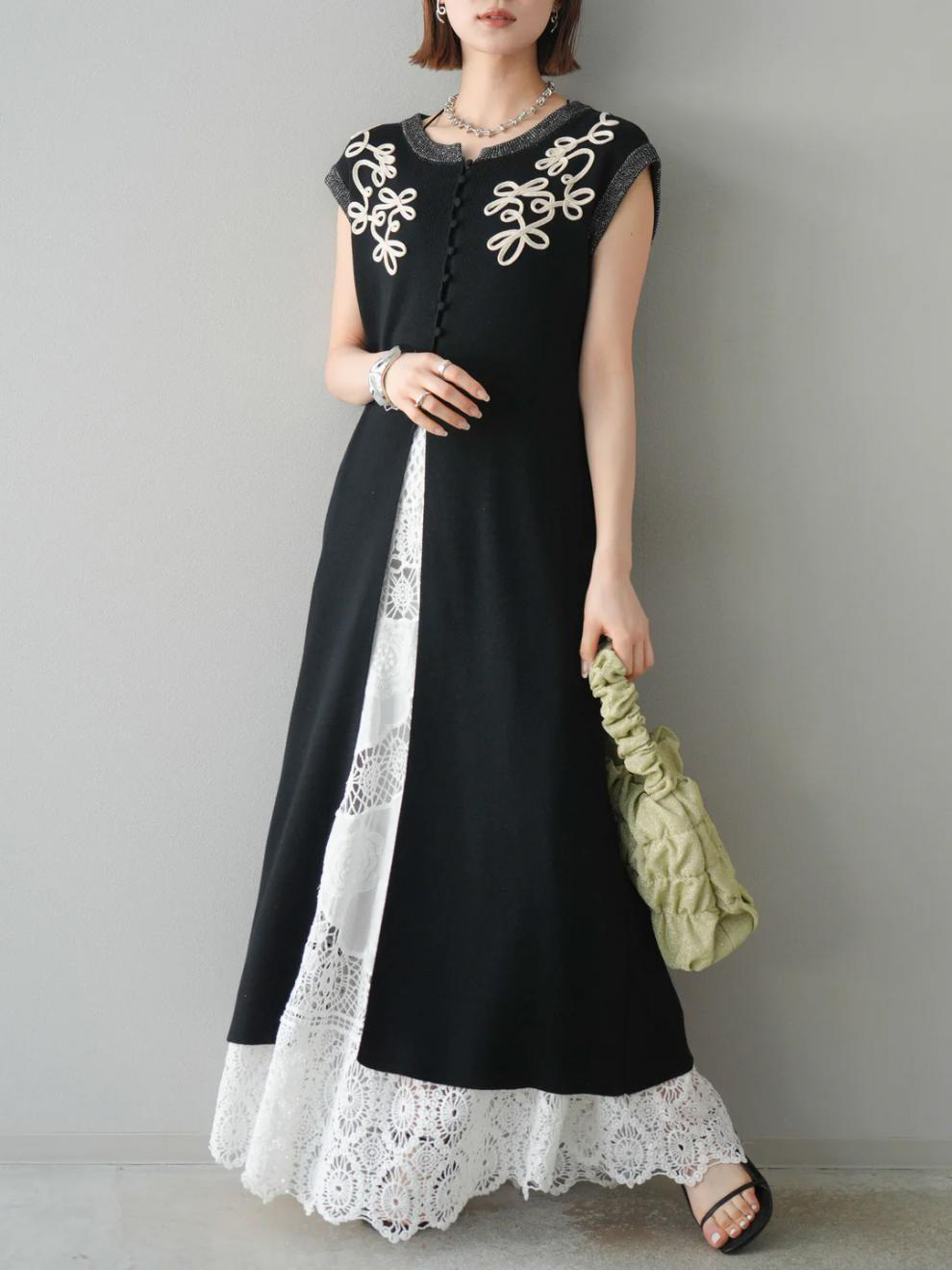 Sleeveless Knit Cardigan And Side Split Lace Long Skirt Two-Piece Set