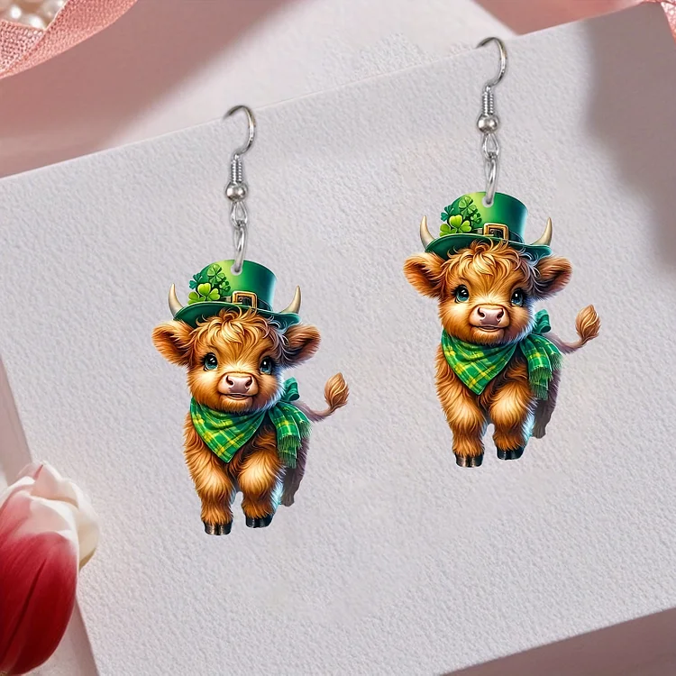 St. Patrick'S Day Themed Green Clover Hat Cow Earrings