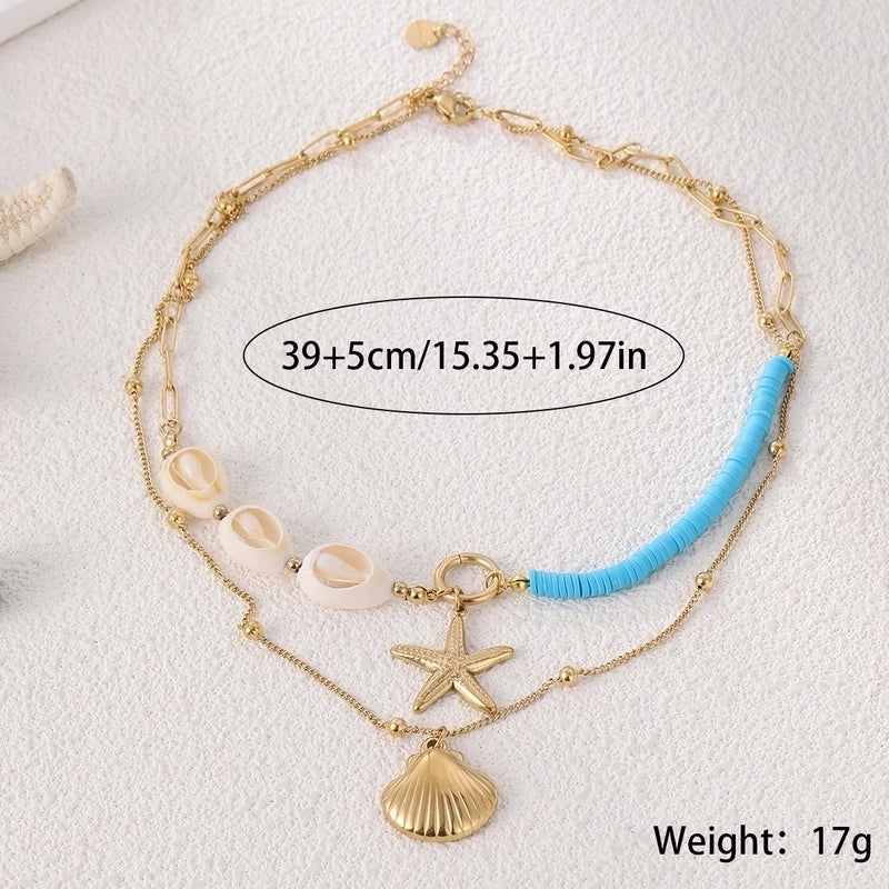 Beach Scallop Starfish Shell 304 Stainless Steel Double Layer Necklaces