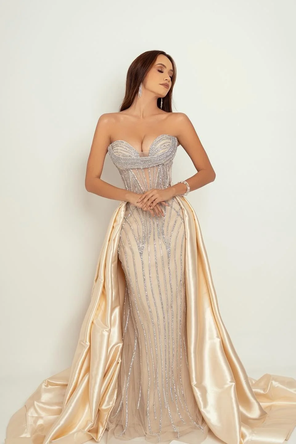 Miabel Stunning Champange Satin Sleeveless Sweetheart Sequins Prom Dress with Detachable Train 