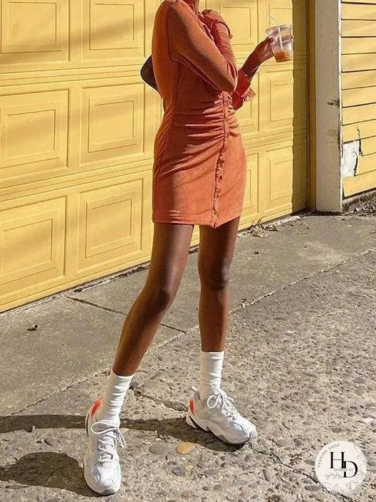 Classy Button Ruched Slim-Fit Shirt Dress