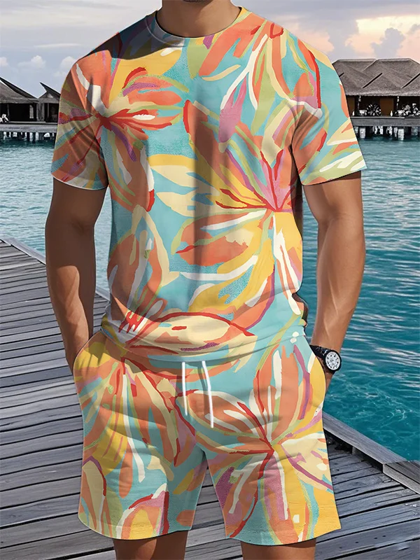 Men's Vacation Abstract Floral Art Print T-Shirt Shorts Set