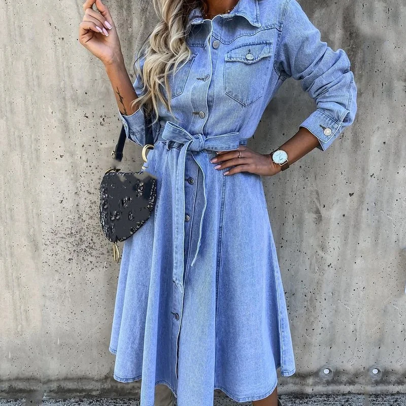 Autumn Women Single Breasted Lapel Demin Dress Elegant Lady Long Sleeve Belted Jeans Dress Spring Casual Femme Clothing Vestido