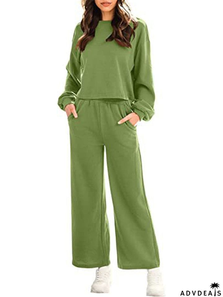 Female Leisure Cozy Pullover Long Sleeve Tops + Pocket Sweatpants
