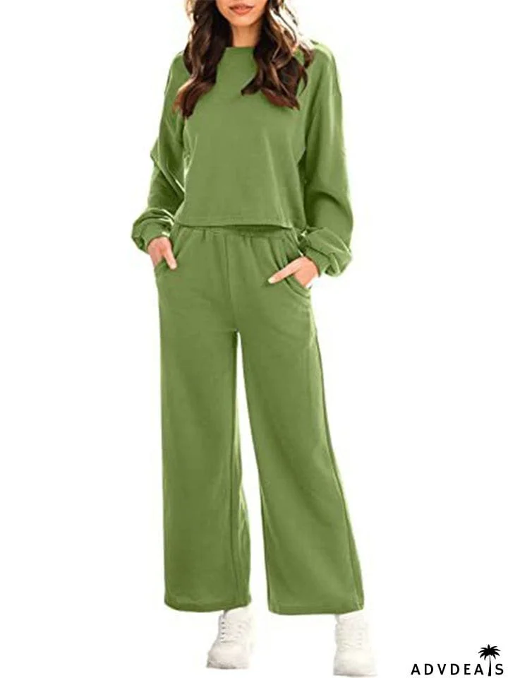 Female Leisure Cozy Pullover Long Sleeve Tops + Pocket Sweatpants