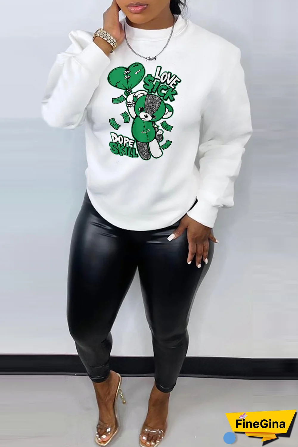 Black Daily Cute Print Patchwork O Neck Tops