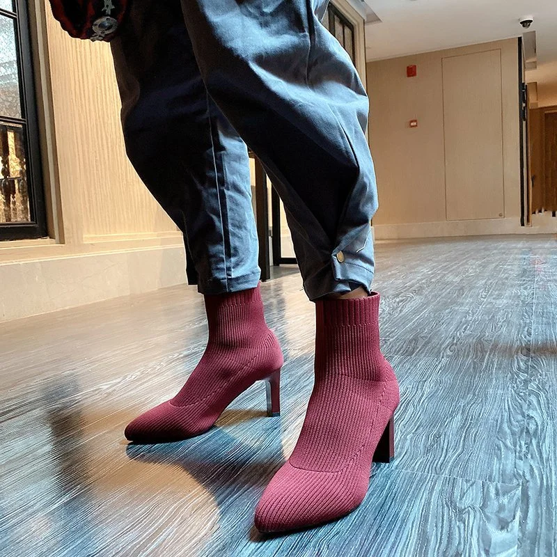 Sexy Knitting Boots High Heels Dress Shoes 2020 New Pointed Toe Fashion Booties Black Striped Stretch Fabric Botas Mujer