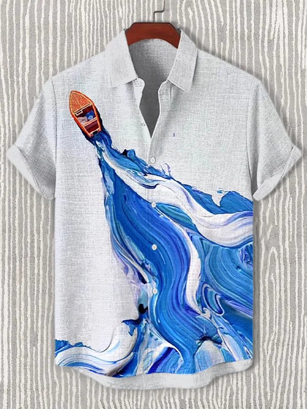 Men's Oil Painting Art Sea Boat Print Shirt
