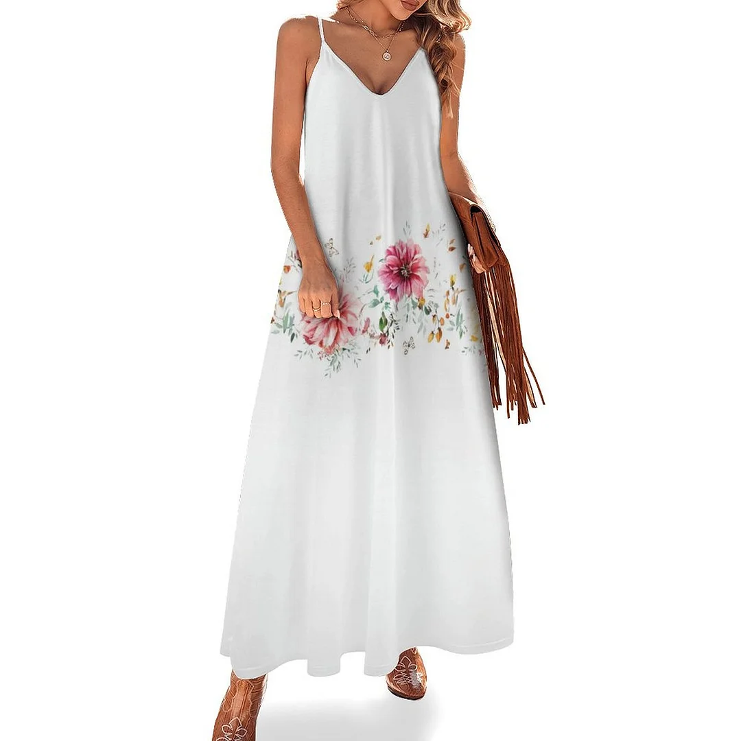 Style & Comfort for Mature Women Plus Size Printed Sling Casual Women Maxi Dress in Pattern Floral, Yellow, Pink
