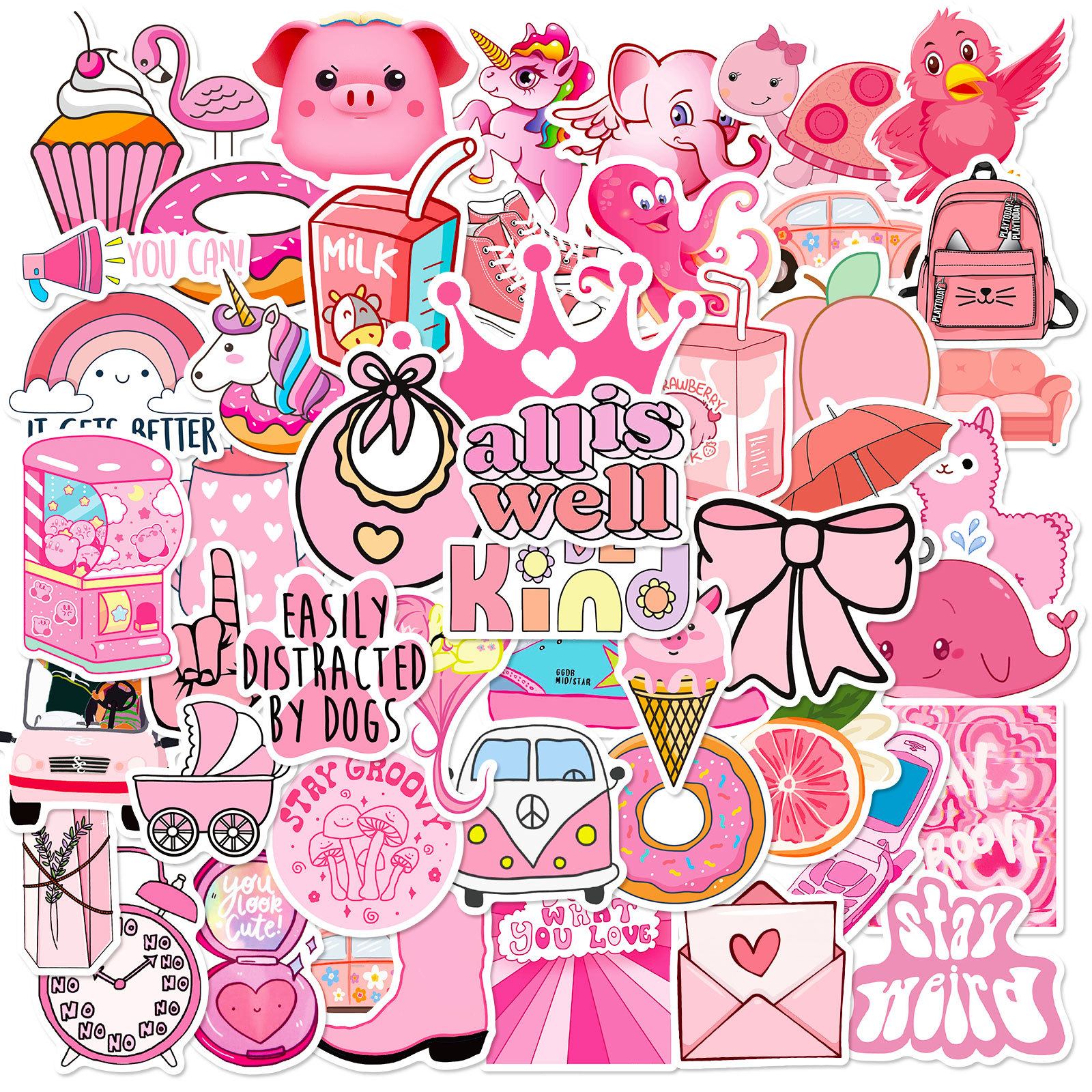 50-Piece Pink Cartoon Sticker Pack - Waterproof Girl Art for Laptops,  Guitars & Skateboards