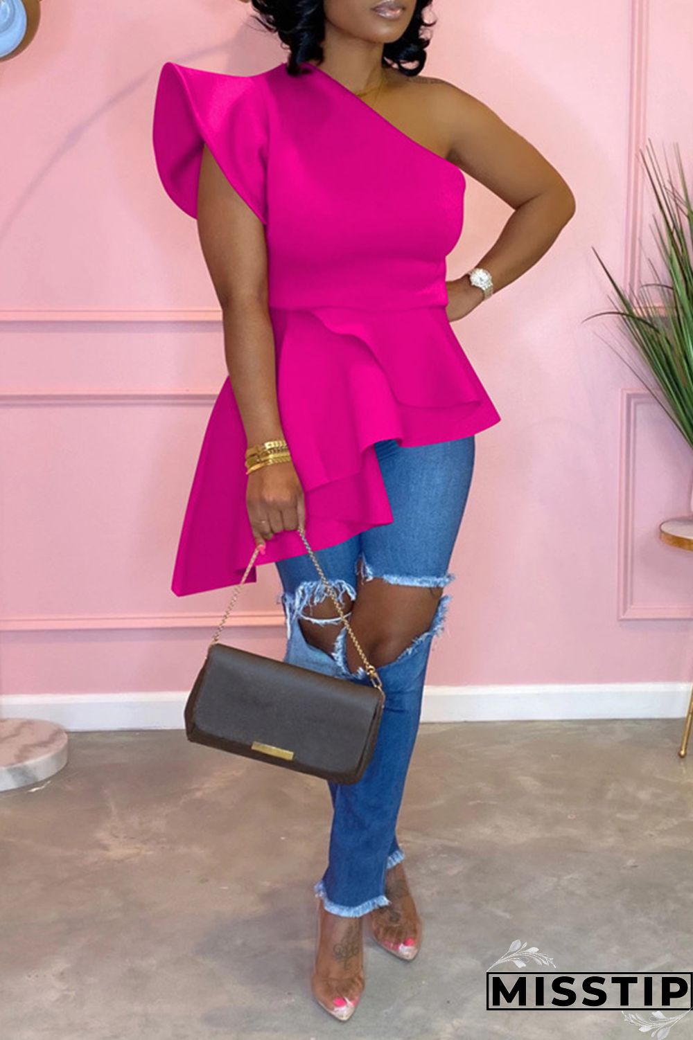 Blue Street Solid Flounce One Shoulder T-Shirts