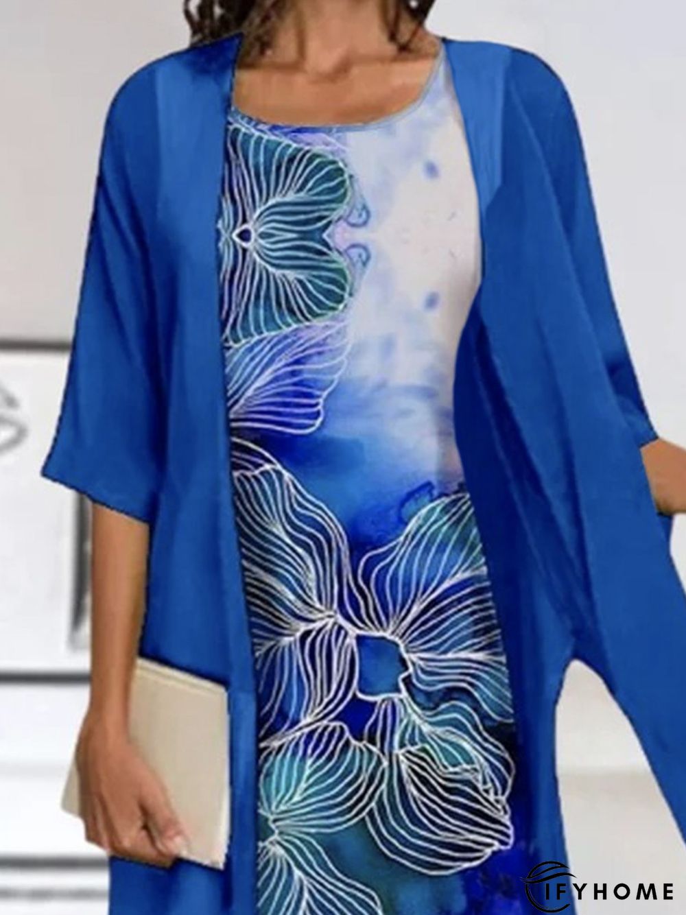 3/4 Sleeve Floral Crew Neck Casual Two Piece Dress With Coat | IFYHOME