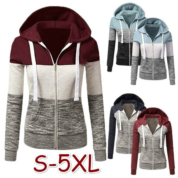 Plus Size Fashion Women Spring\/Autumn Casual Long Sleeve Sweatshirts Colorful Patchwork Thin Zip-Up Hoodie Jacket for Drawstring Hoodies - Shop Trendy Women's Fashion | TeeYours