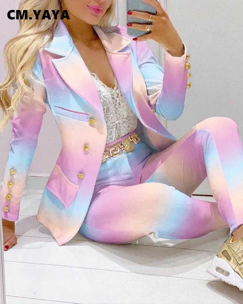 CM.YAYA Elegant Paisley Plaid Women's Set Long Sleeve Blazer Pants Suit Office Lady Tracksuit Two Piece Set Fitness Outfits