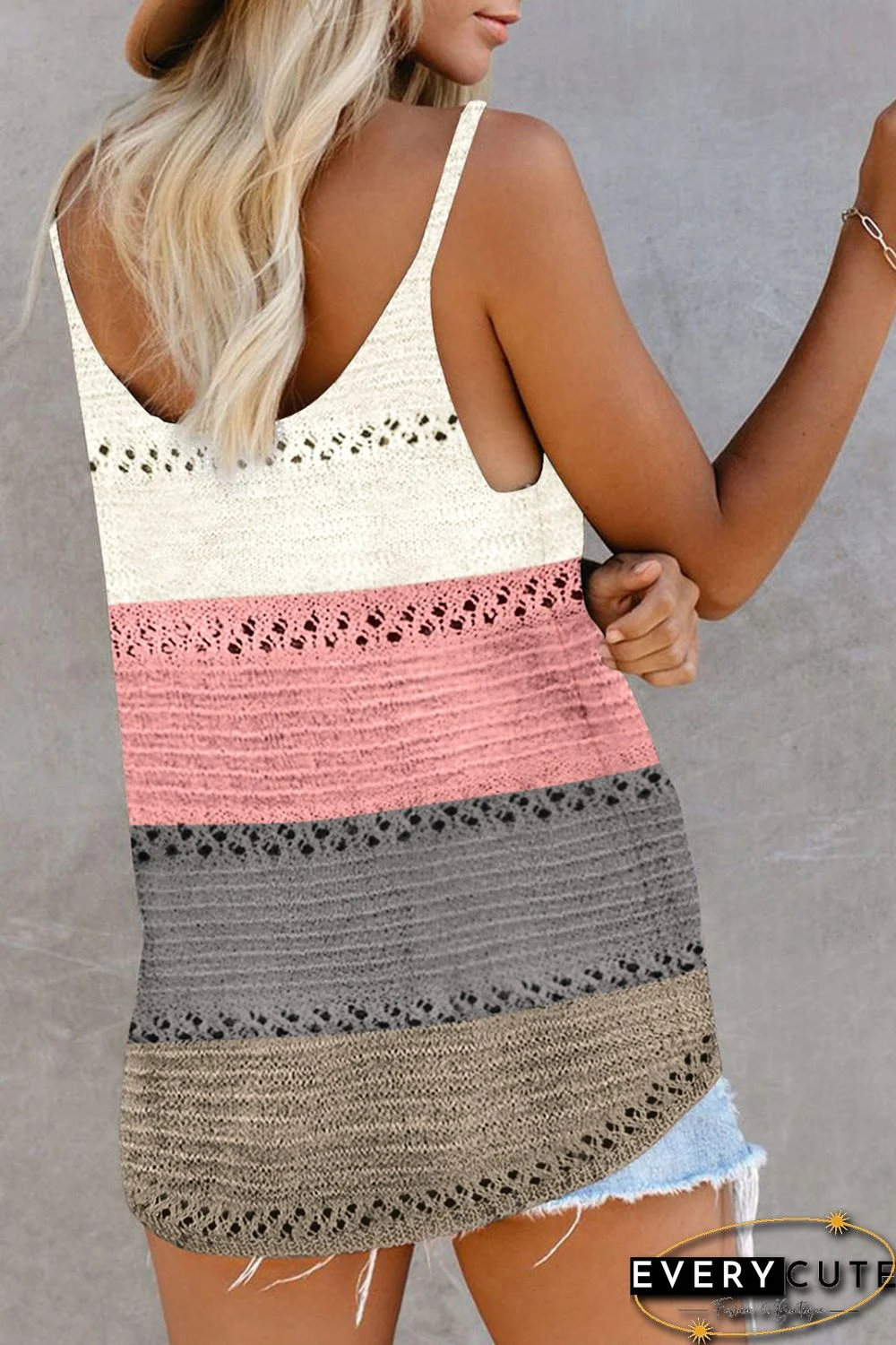 Multicolor Adjustable Spaghetti Straps Colorblock Knit Tank Top