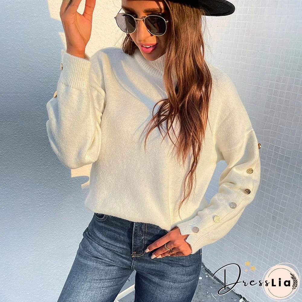 Autumn Warm Soft Vintage Sweater Women Pullovers Winter Turtleneck Leader Button Knitted Sweater Female Casual Jumpers