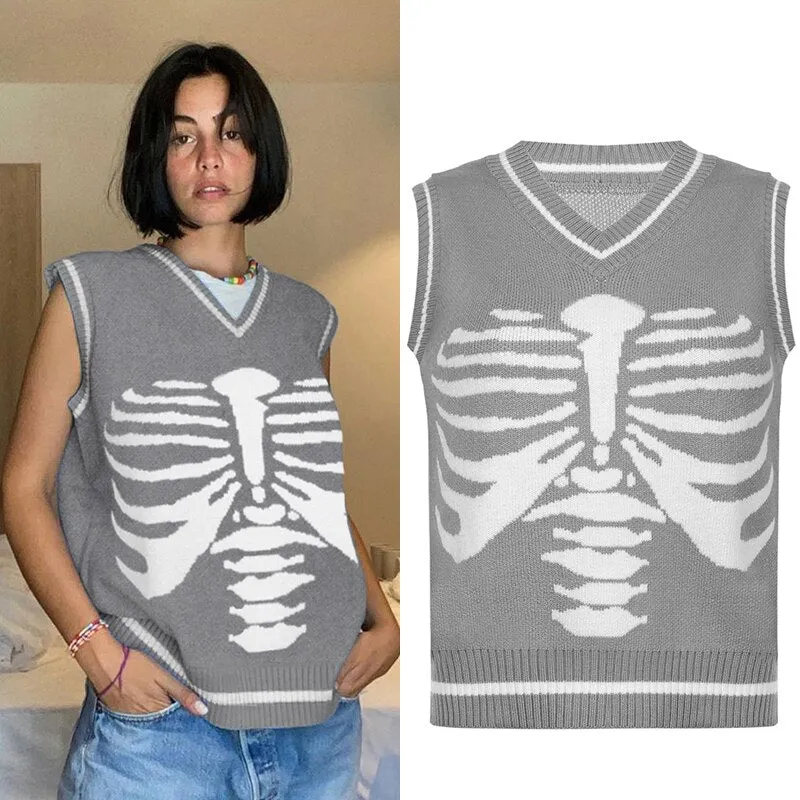 HEYounGIRL Skull Print V Neck  Oversized Sweater Harajuku Casual Loose Knitted Top Pullovers Korean Punk Ladies Jumper Winter